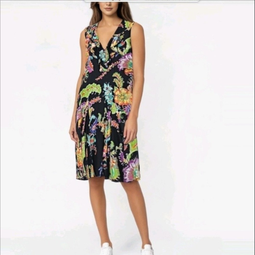 Lauren Ralph Lauren Dress Womens Large Cotton Black Floral Tropical Ruffle Midi